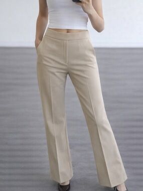 Beige High Rise Straight Leg Pants Minimalist Preppy Tailored Trousers